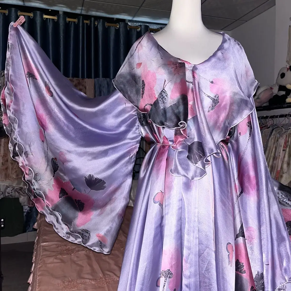 Błyszcząca Fioletowa Satynowa Sukienka Maxi z Jedwabiu dla Kobiet, Luźna, z Długim Rękawem, Plus Size, Seksowny Szlafrok do Spania