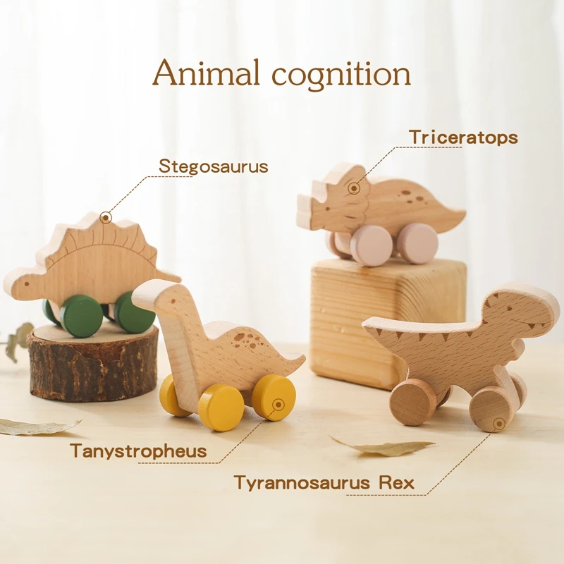 Brinquedos Montessori de madeira para crianças, faia, tiranossauro rex, carro dinossauro, mordedor, brinquedos educativos, presente para bebê