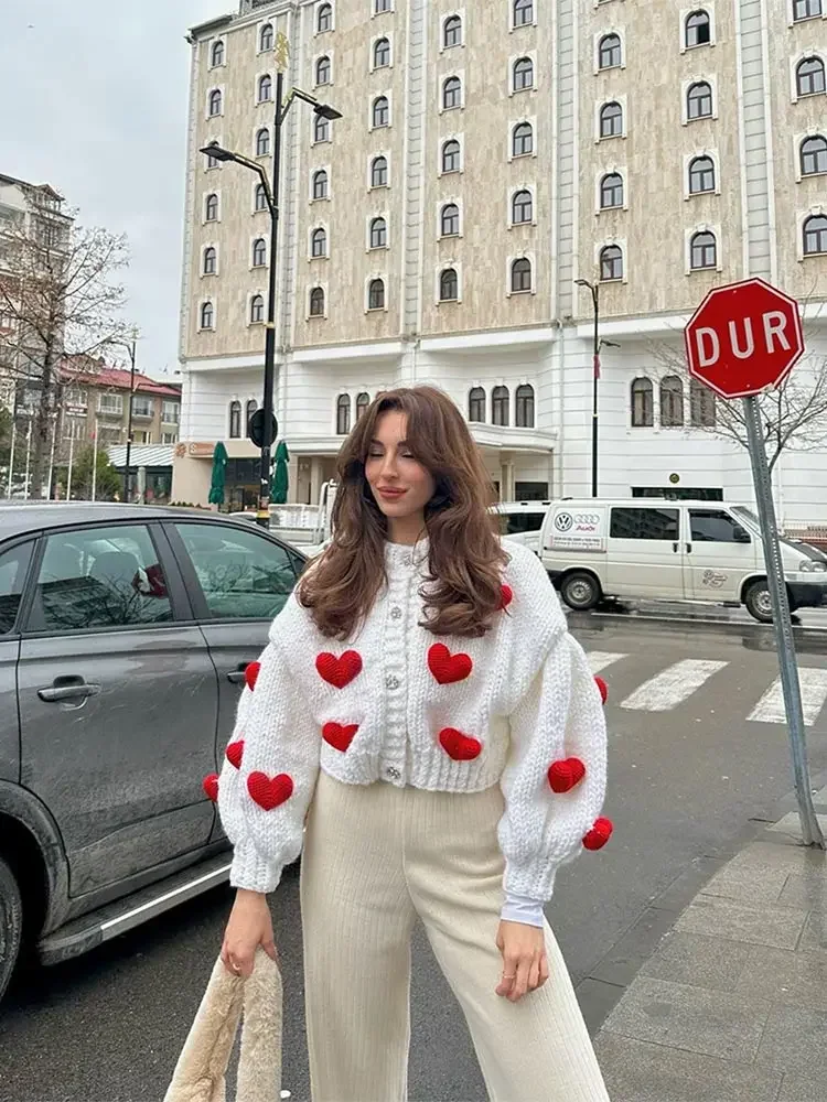 Women Fashion 3d Heart Patchwork Knit Cardigan Elegant White Long Sleeve Buttons Sweater Coat Autumn New Lady Street Outwear