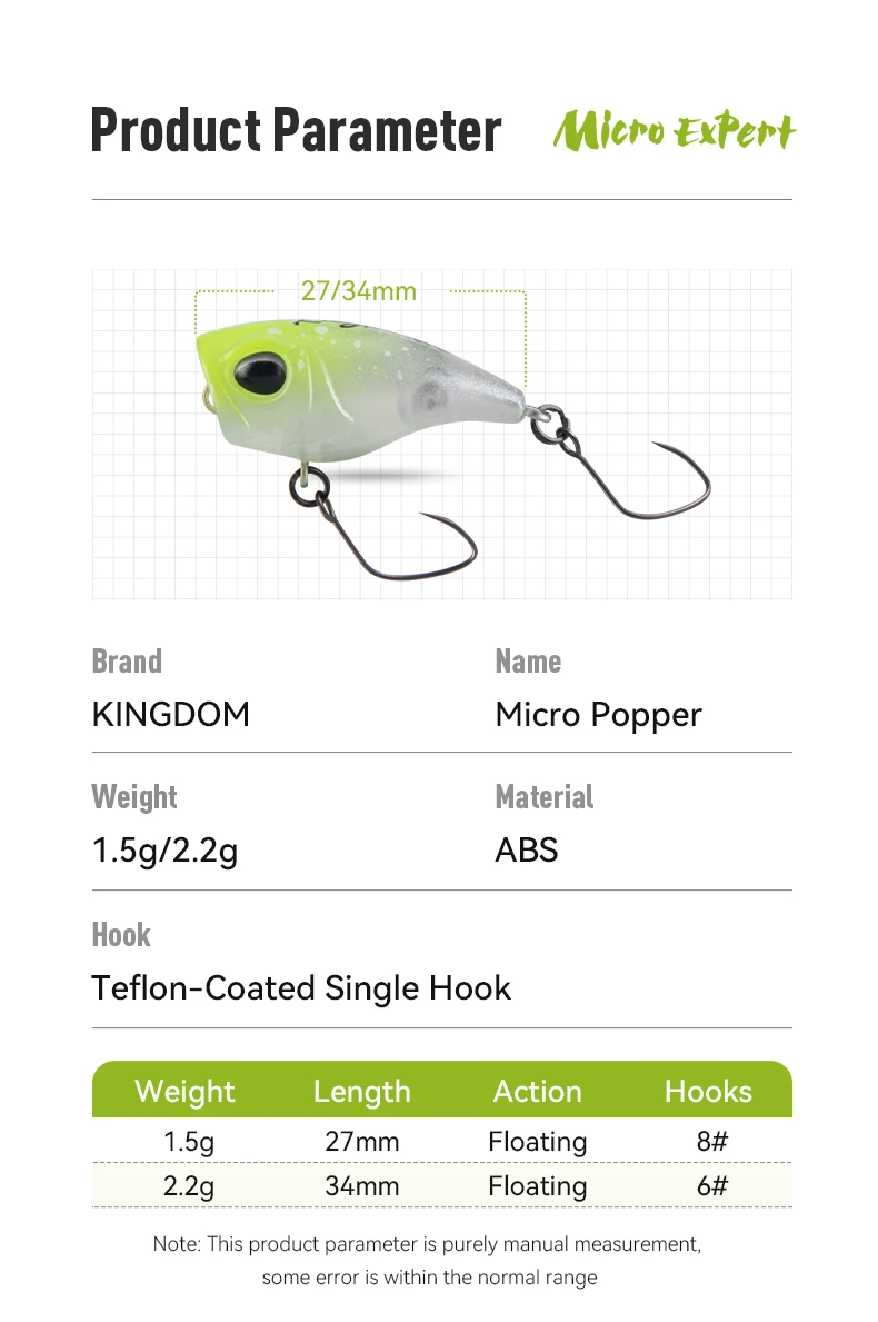 Kingdom Micro Popper Angelköder, 1,5 g, 27 mm, 2,2 g, 34 mm, künstlicher schwimmender Kurbelköder, Topwater-Hartwobbler zum Angeln auf Barschforellen – Detail 9