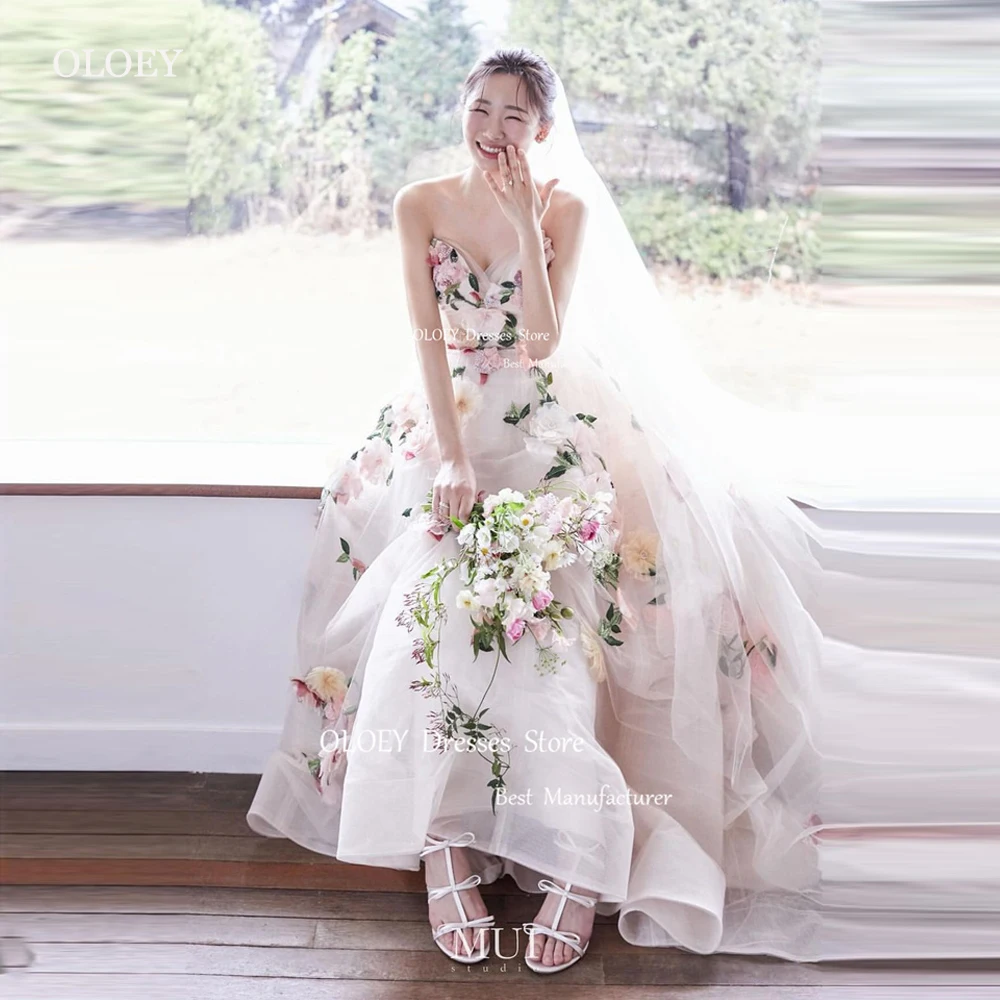 OLOEY-vestido de novia de encaje Floral, elegante, línea A, corea, sesión de fotos, escote corazón, hasta el suelo, corsé, espalda, matrimonio