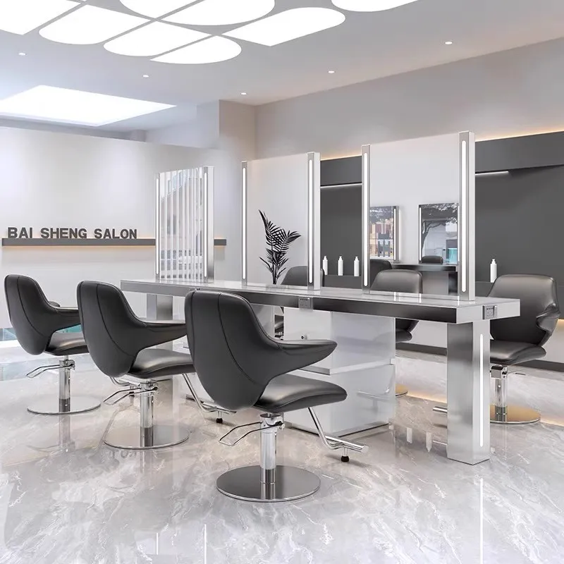 Wholesale Modern Luxury LED Light Metal Glass Barber Shop Spa Hair Mirror Table High-Definition Imaging Durable Beauty Salon