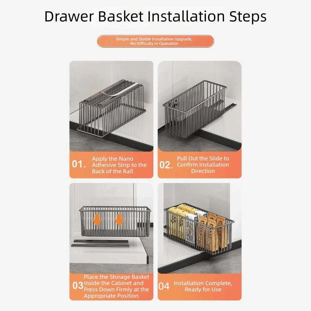 Carbon Steel Cabinet Organizer Basket Rust-Resistant Adjustable Shelf Storage Box Layered Design Pull-out Drawer Type