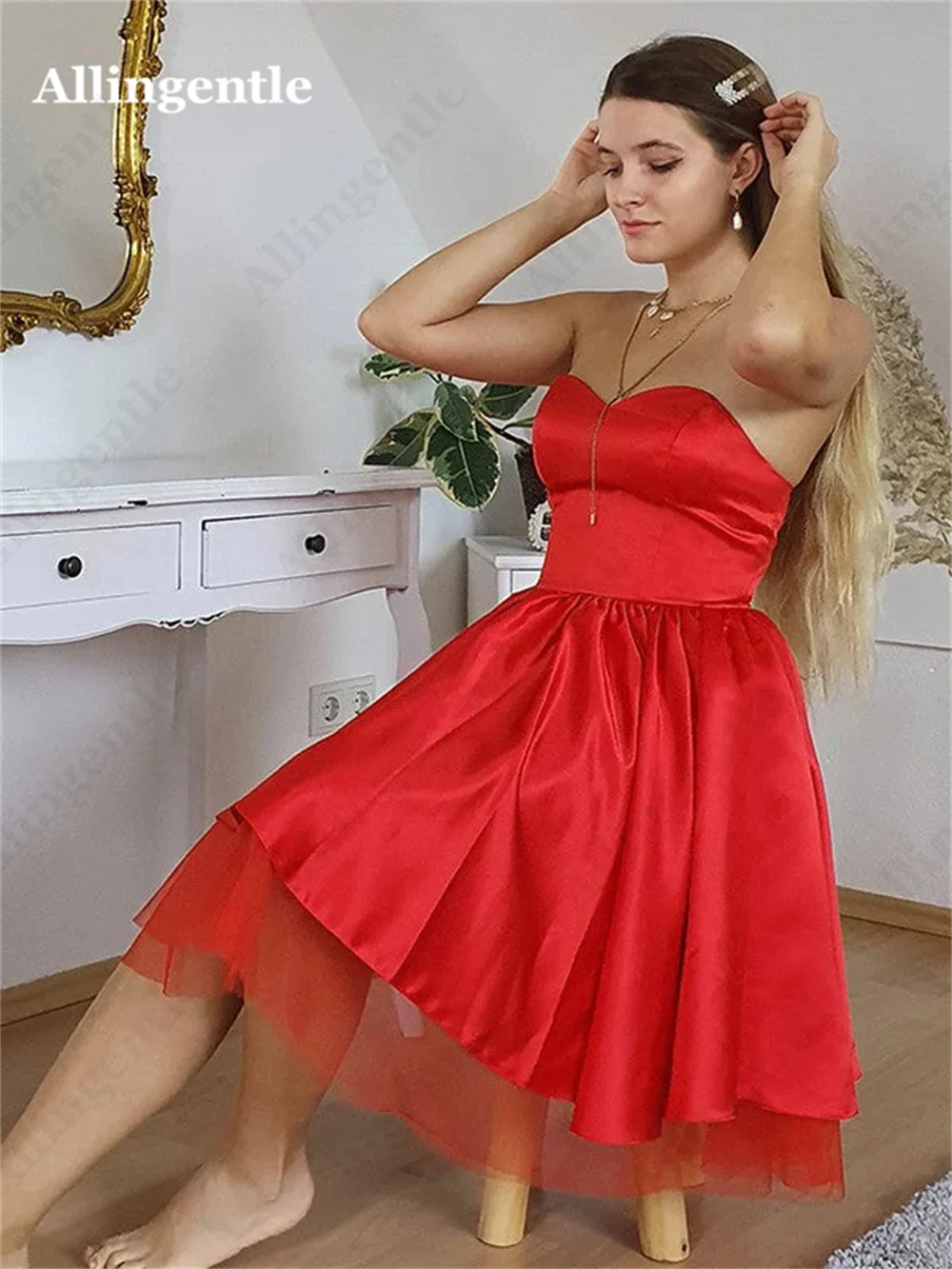 Allingentle Charming Red Strapless Satin Homecoming Dresses Sweetheart Mini Dress A Line Lace-up Prom Party Gown robe de soirée