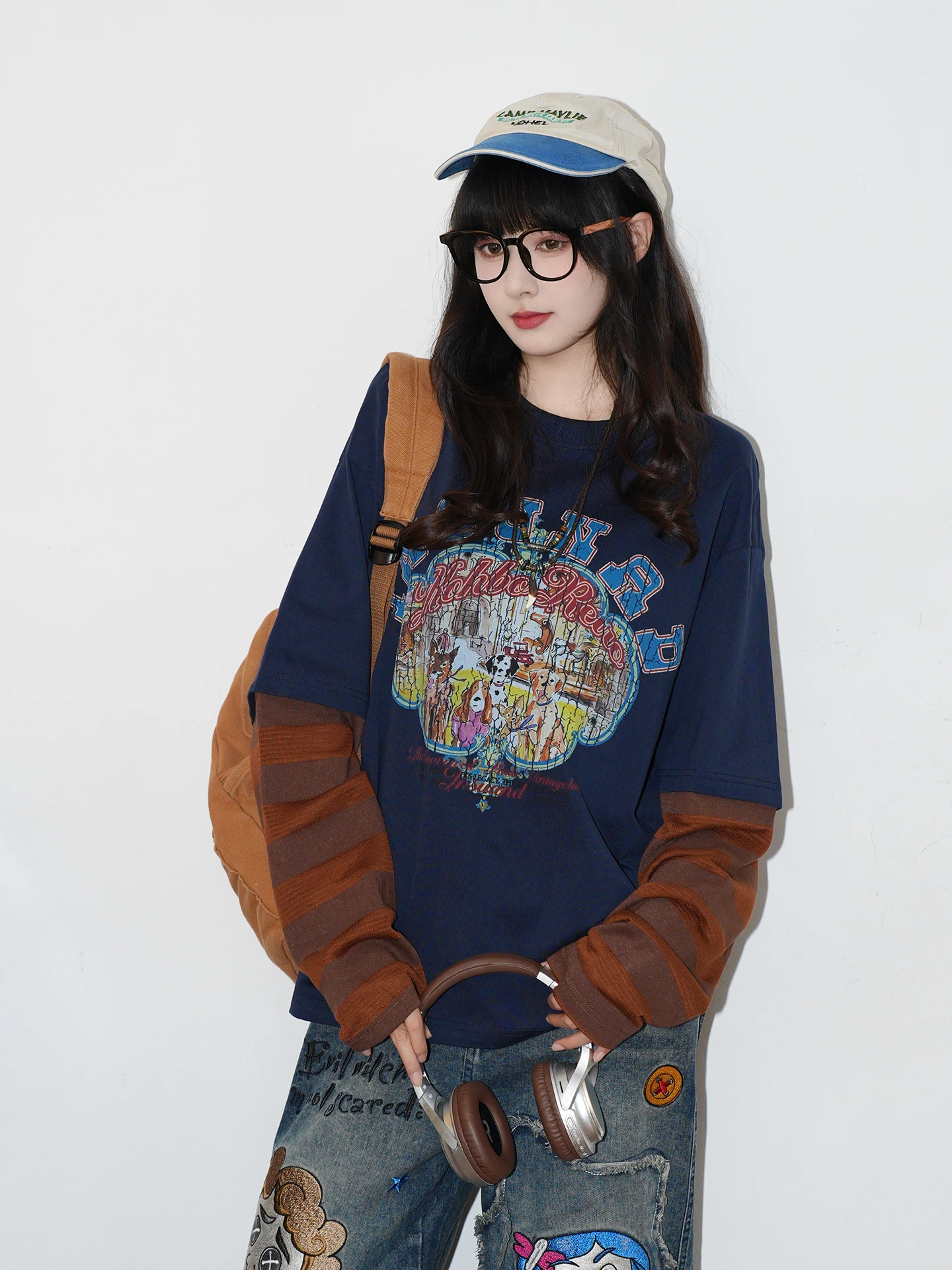 Original American Retro Striped Splice Long Sleeve round Neck T-Shirt Women Thin Begin Upper Autumn Street Style Loose Fit Co...