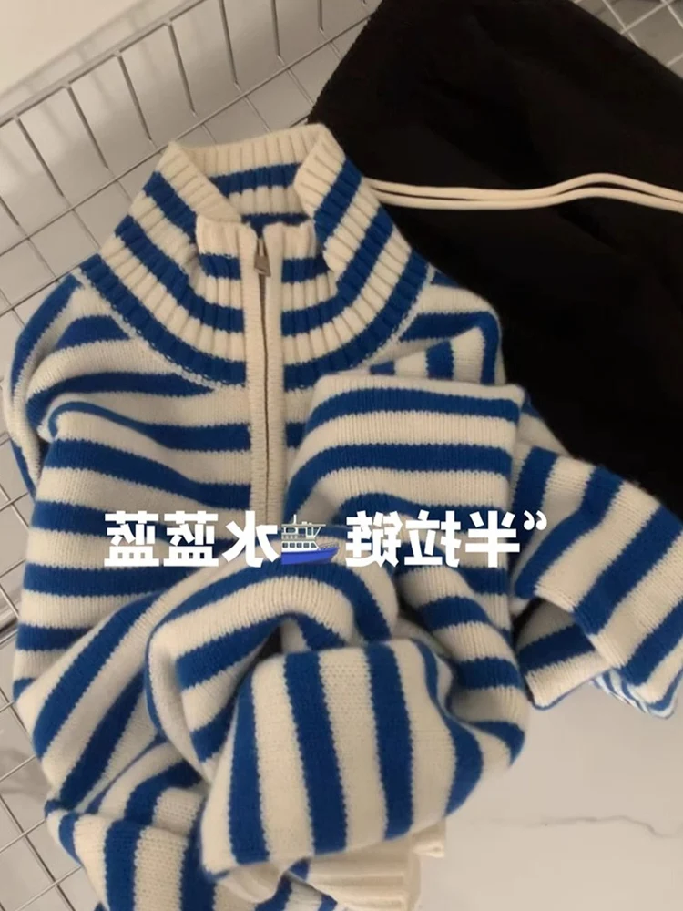 

Модный повседневный длинный свитер све све-камер с дизайном на молнии, универсальный трикотаж для поездок на работу, женский полосатый цветной вязаный топ