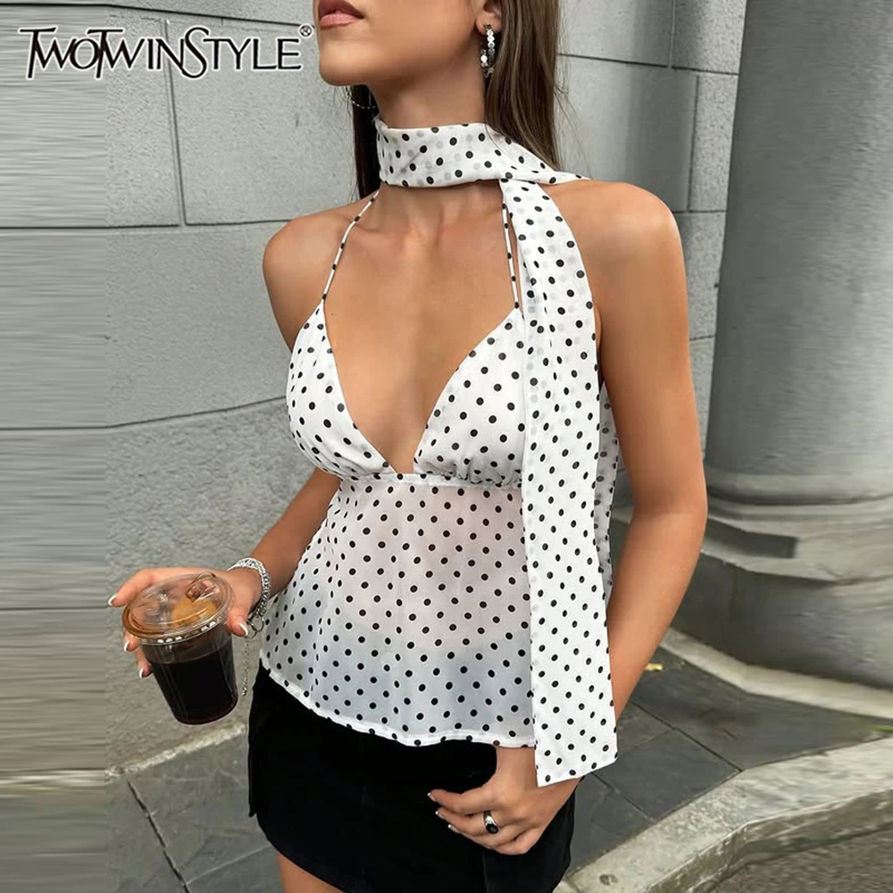 

TWOTWINSTYLE Dot Printing Spliced Ribbon Tank Top for Women Halter Deep Neck Sleeveless See Through Temprament Vest Female New