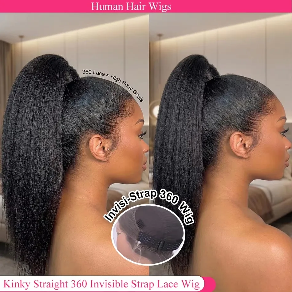 Kinky Straight Invisible Strap 360 Full Lace Wig Human Hair Straight Human Hair Pre-Plucked 40 Inch 360 Lace Wig Drawstring Strap Lace Frontal Wig