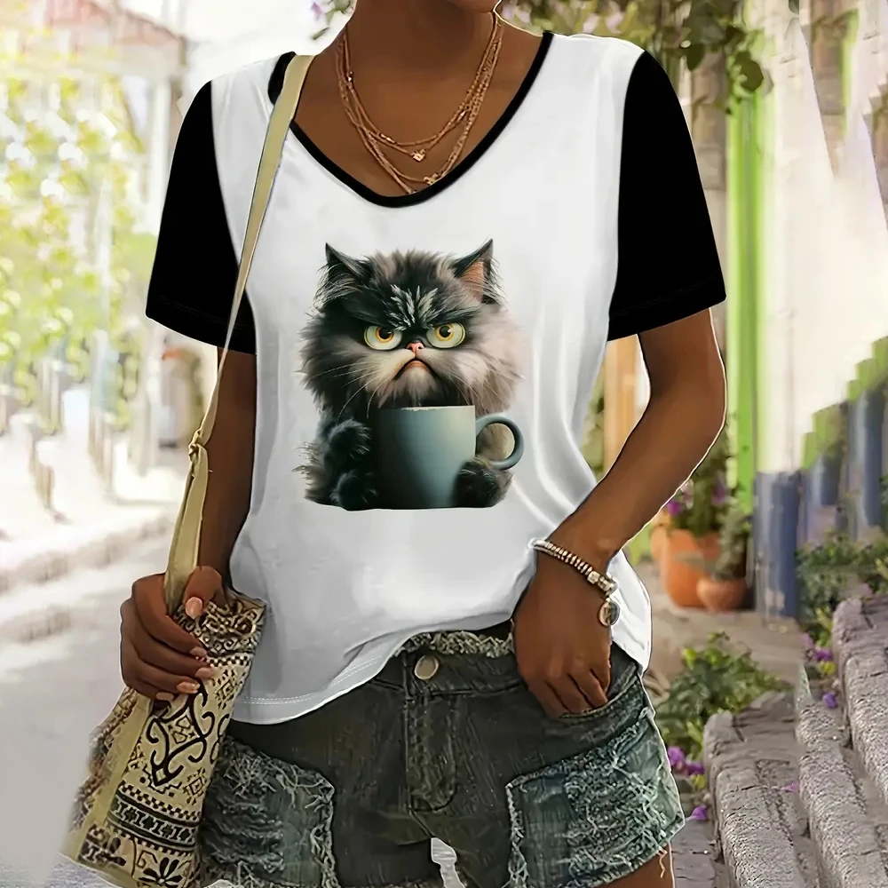 Summer Women V-Neck T-Shirts Tea Cup Cat Print Casual Pullover Loose Short Sleeves Oversized Tee Shirt Female Clothing 2024 S-4x