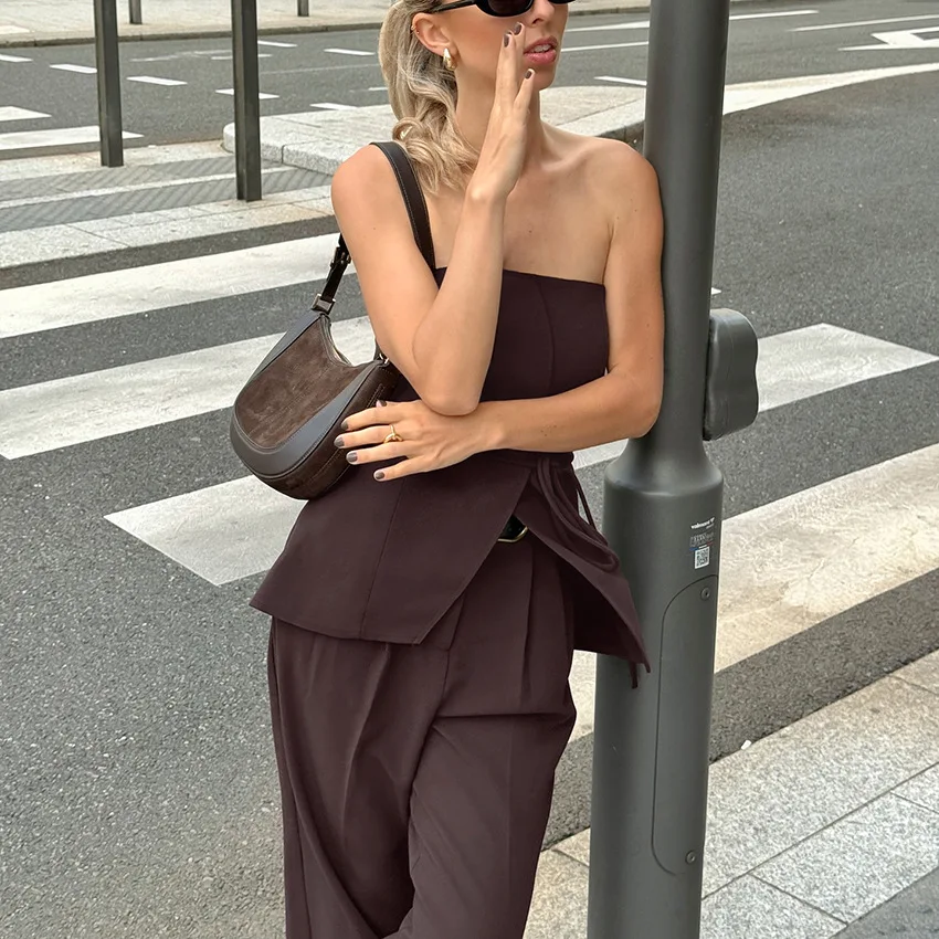 Vrouwen Broek Pak Sexy Backless Band Mouwloos Kanten Top Losse Brede Benen Broek Pak Dames 2025, Zomer Mode Vrouwen Set