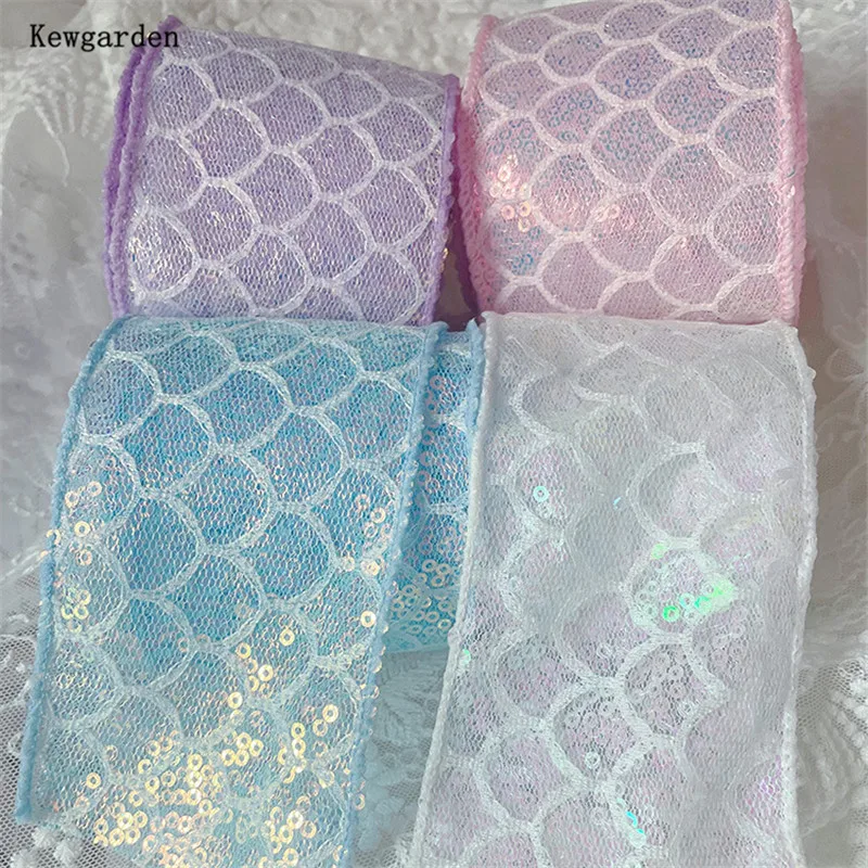 Kewgarden 65mm Fish Scale Glitter Ribbon DIY Girls Hair Bows Accessories Handmade Tape Crafts 11 Yards