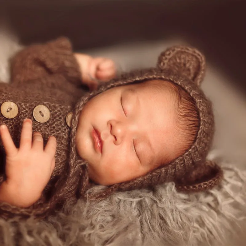 Newborn bear hat photography props,Angola mohair bonnet for baby photo shoot
