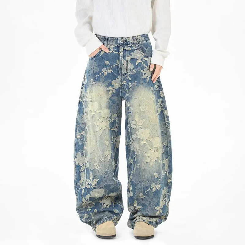 

New Style Spring 2026 Floral Jacquard Jeans Loose Wide-Leg Pants Korean Street Style Trendy Patterned Vintage Curved Pants