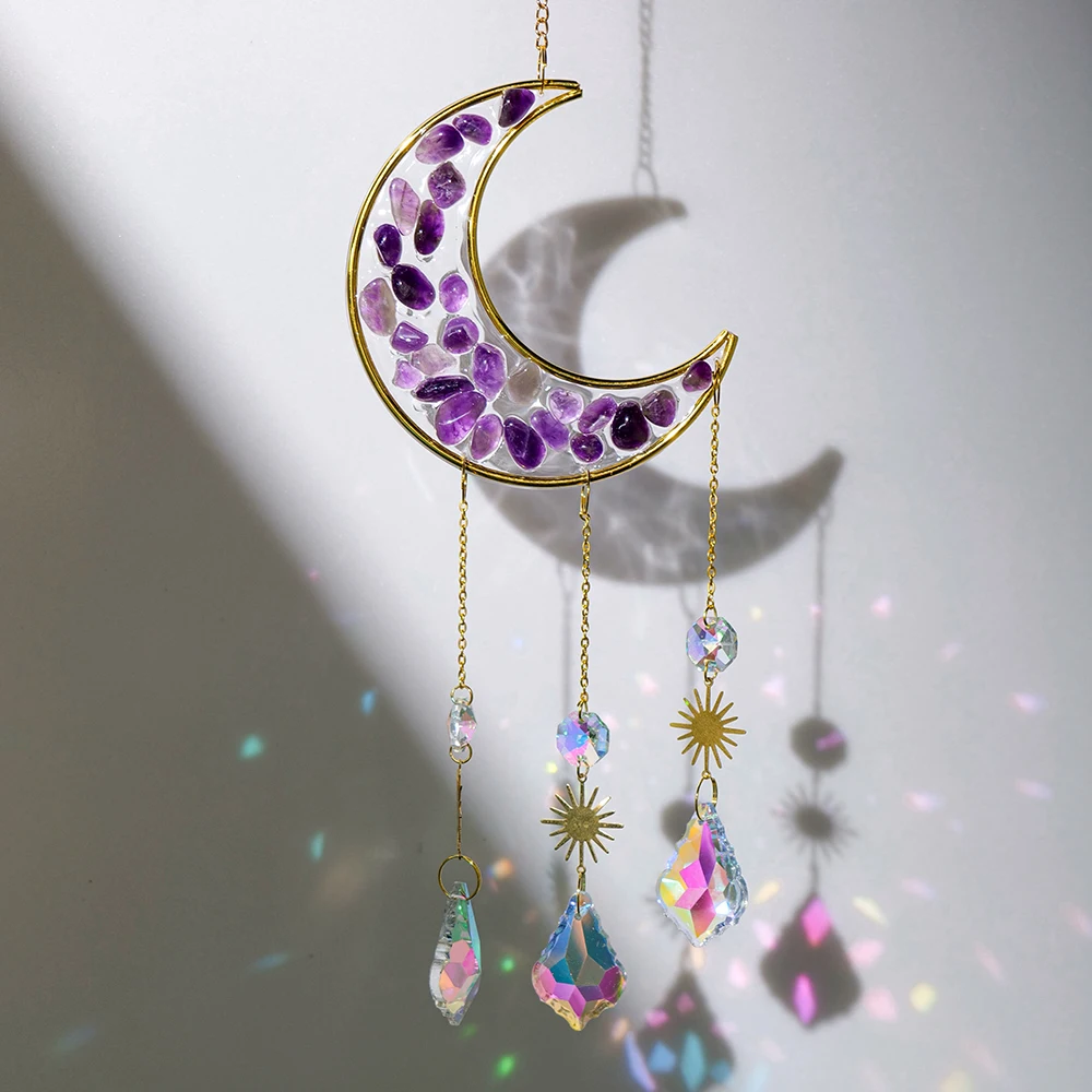 Natural Crystal Gravel Wind Chime Moon Shape Sun Catcher Hanging Curtain Crystal Tumble Stone Windchimes Garden Decoration