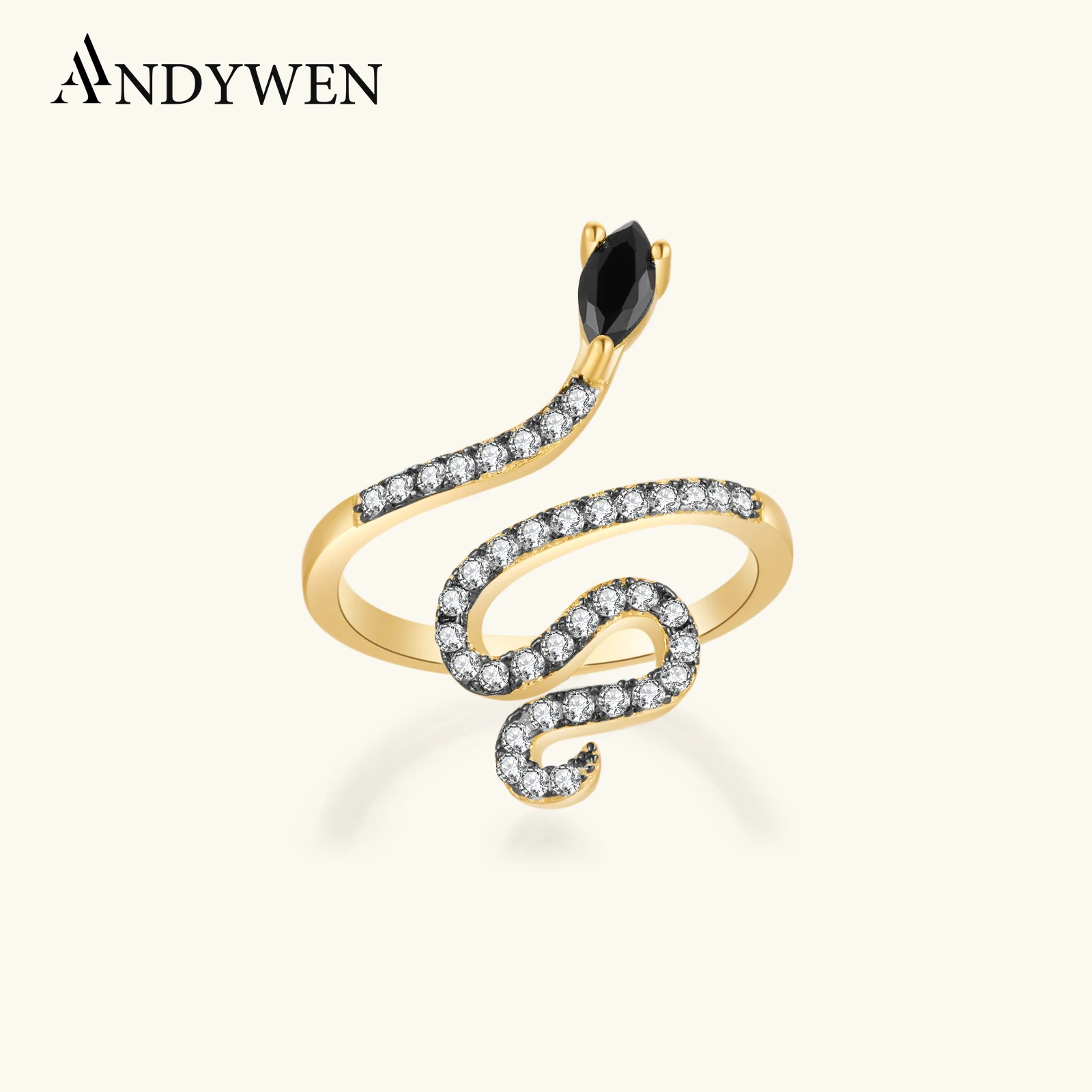 

ANDYWEN 100% 925 Sterling Silver Black Zircon CZ Snake Resizable RIngs Women Fine Jewelry 2025 New Crystal Adjustable Jewels