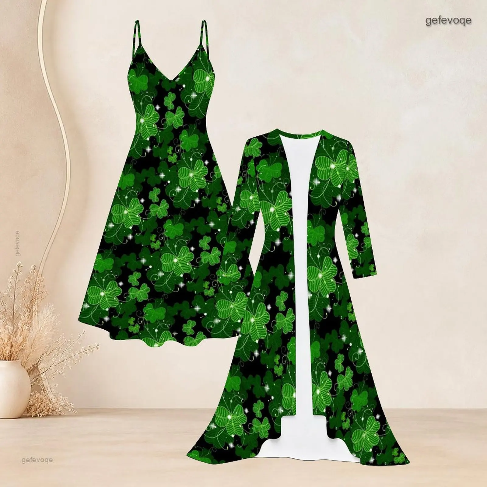 Women Black Green Clover Printed Two Piece Set, Spaghetti Strap Flared Dress and Long Open Front Cardigan