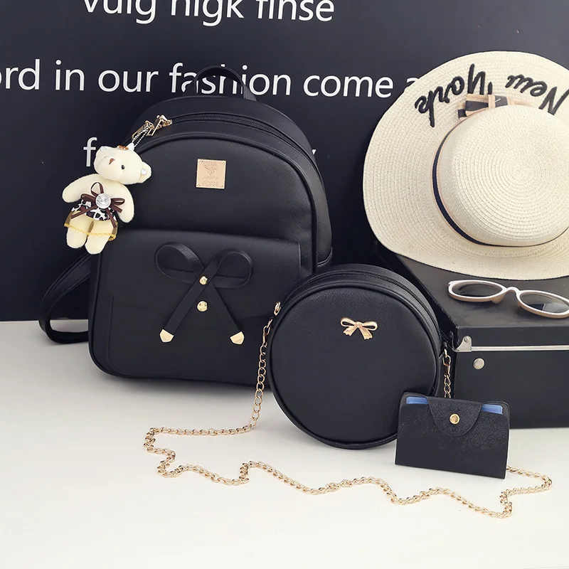 New Arrival Korean Fashion Women Backpack 3 Piece Set Large Capacity Solid Color Bow Decor Casual Shoulder Bag Purse Wallet
