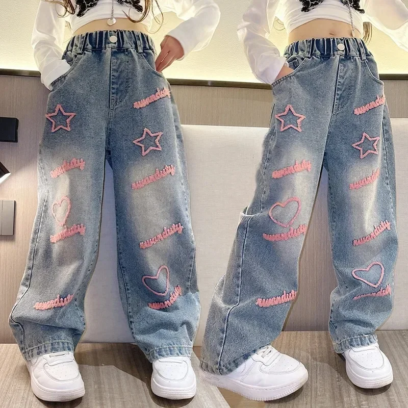 Girls School Wide Leg Pants with Heart Star Design Casual Loose 2024 Kids Fashion Long Jeans Children Korean Style Trousers