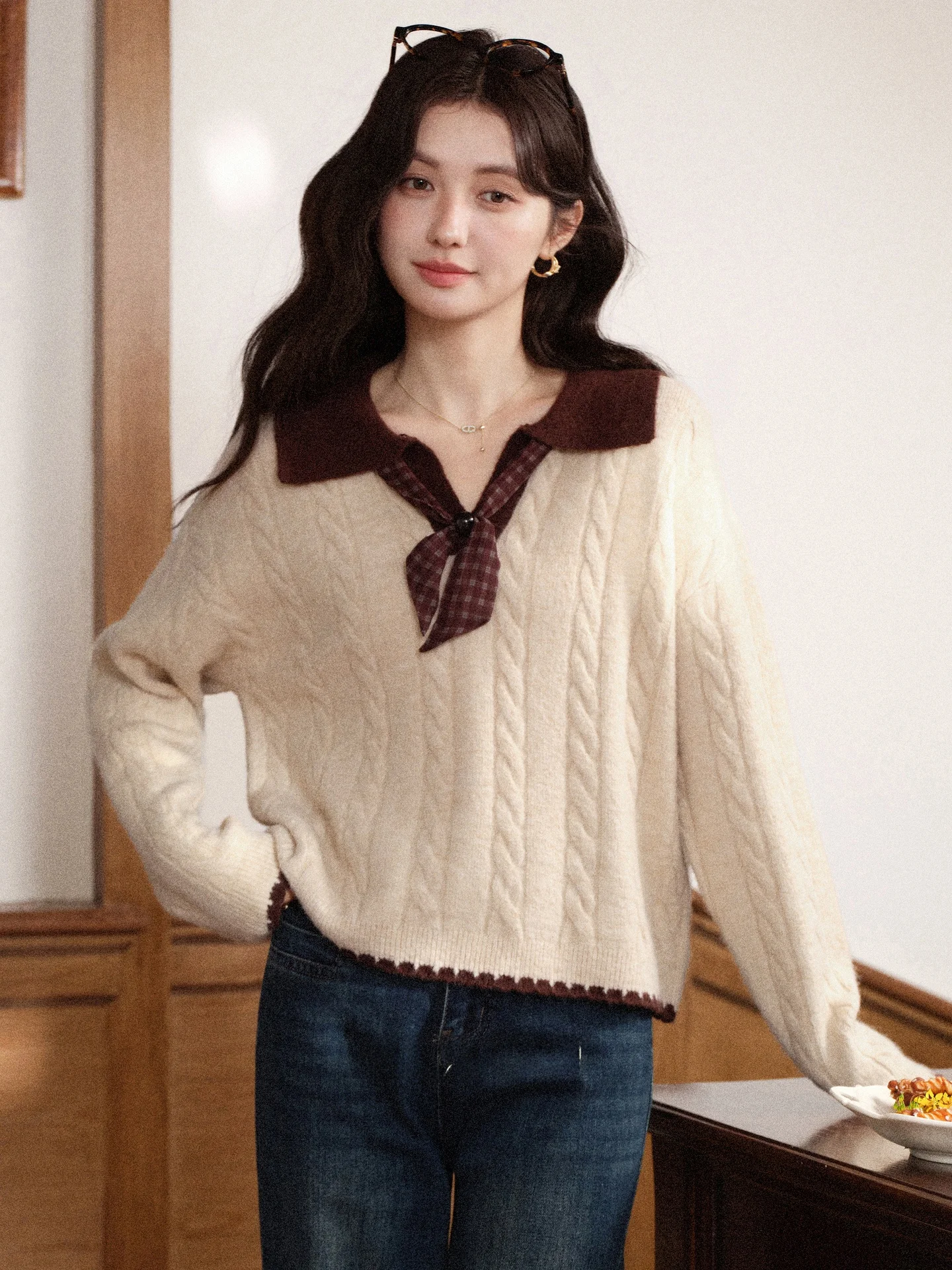 

Женский вязаный свитер Ele Winter кофейного цвета с воротником, вязаный косами, в винтажном стиле, с длинными рукавами, свободного кроя