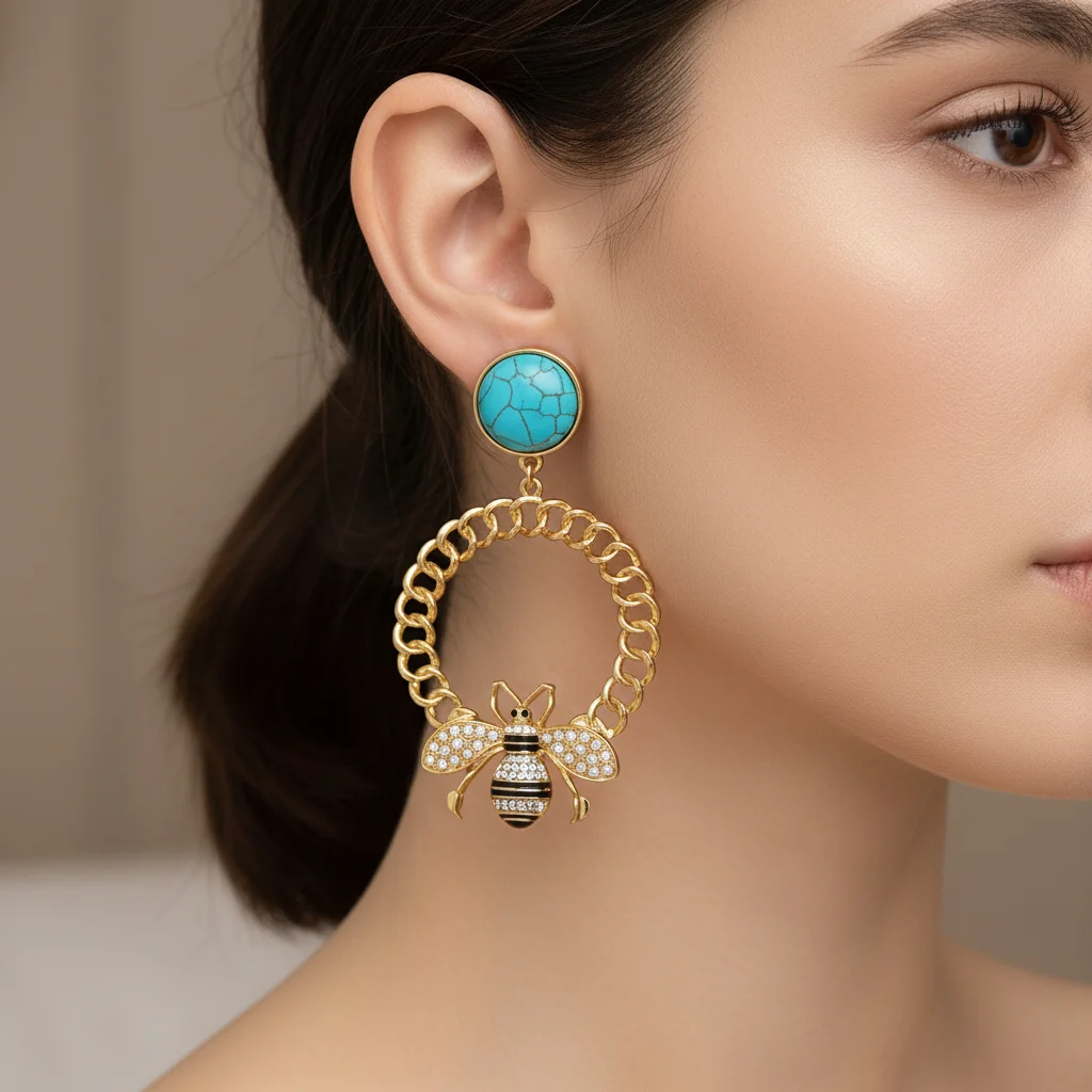 

Vintage Bee Drop Ear Clip for Women - Bohemian Turquoise Stone Dangle Earrings with Chain Hoop & Crystal Insect Charm