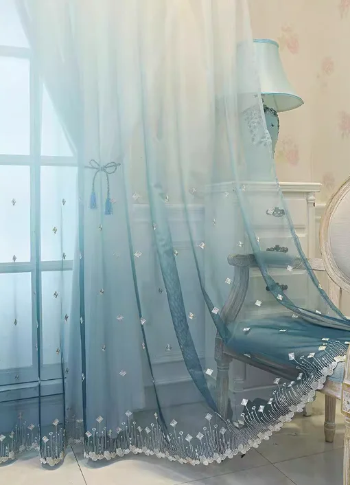 European and American Style Light Luxury Blue Gradient Gem Embroidery Curtains Living Room Bedroom Balcony Blackout Curtains