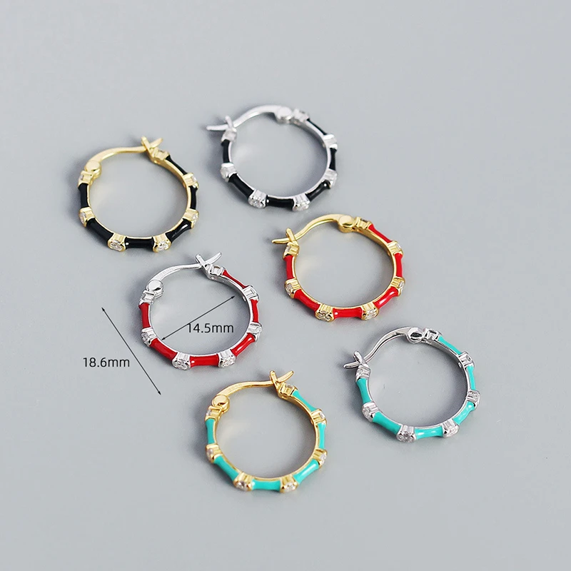 Crystal Bamboo Hoop Earrings For Women 925 Silver Needle Colorful Enamel Earrings Party Jewelry Accessories Gift
