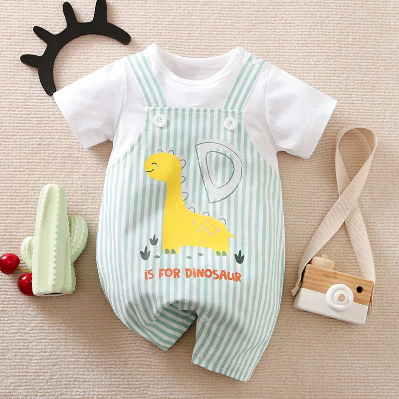 Summer newborn short sleeved jumpsuit cute dinosaur strap short sleeved jumpsuit comfortable and breathable for boys and girls