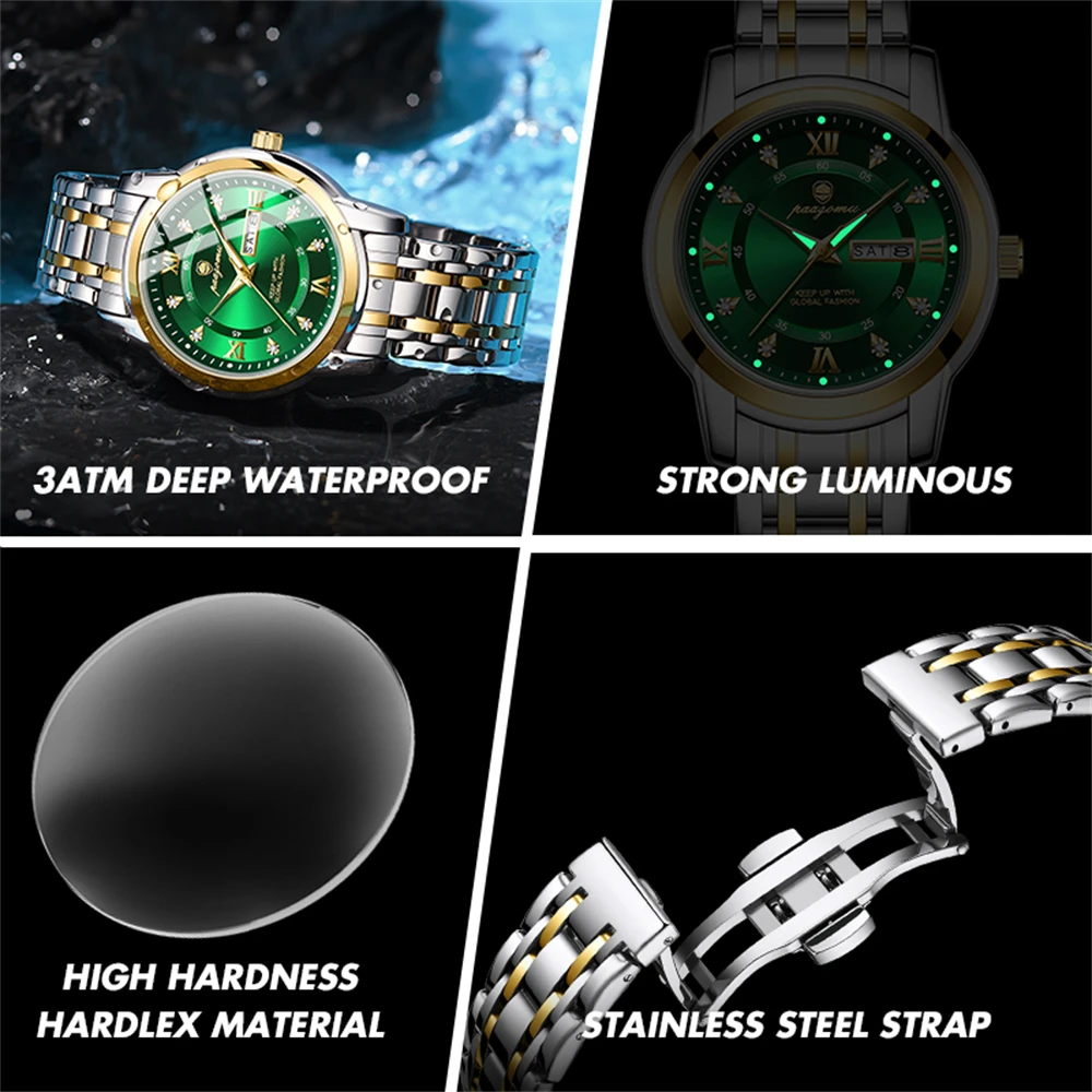 PAAZOMU رجل الأعمال ساعة اليد تاريخ كرونوغراف مقاوم للماء مضيئة ساعة رجالية فاخرة الفولاذ المقاوم للصدأ كوارتز ساعات رجالية ذكر