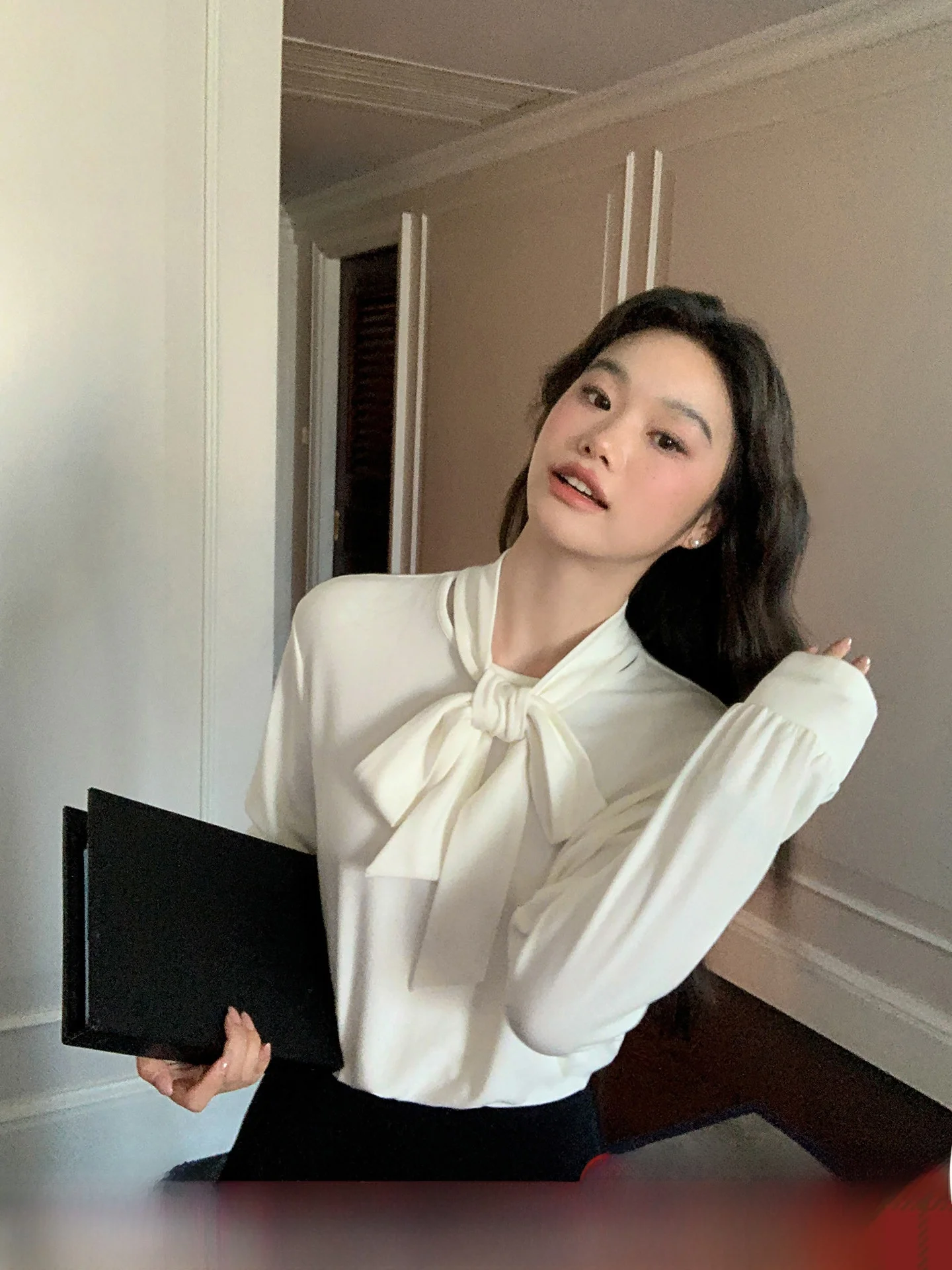 

Spring New Sle Women's Long Sve irt Waist Cinched Tie Ne Design Simple Casual Sle Gauze Fabric round Ne Top