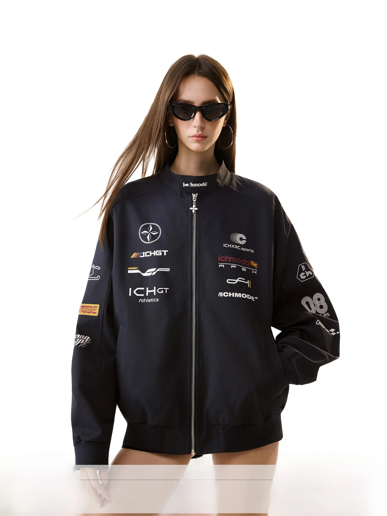 Heavyweight Sporty Women's Baseball Jacket Loose Stand Collar Open Cardigan Polyester Fiber Long Sleeve Zipper Closure Coat