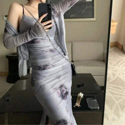 Vintage Rose Tie Dyed Slim Fit Strap Dresses+ Y2k E-Girl Long Sleeve Sun Protection Tops Women 2024 Summer Two Piece Sets