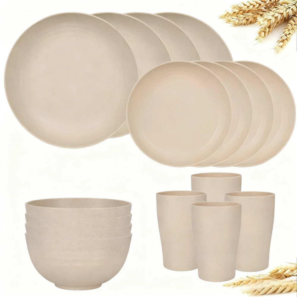 16 Piece Reusable Plastic Tableware Set Bowls Plates Cups Set Drop Resistant Suitable for Home Outdoor Camping Kitchen Supplies