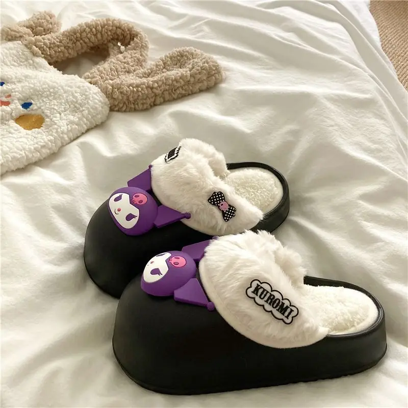 Cartoon Cinnamoroll My Melody Kuromi Winter Thick-Soled Waterproof Furry Slippers Kawaii Detachable Warm Couple Home Shoes