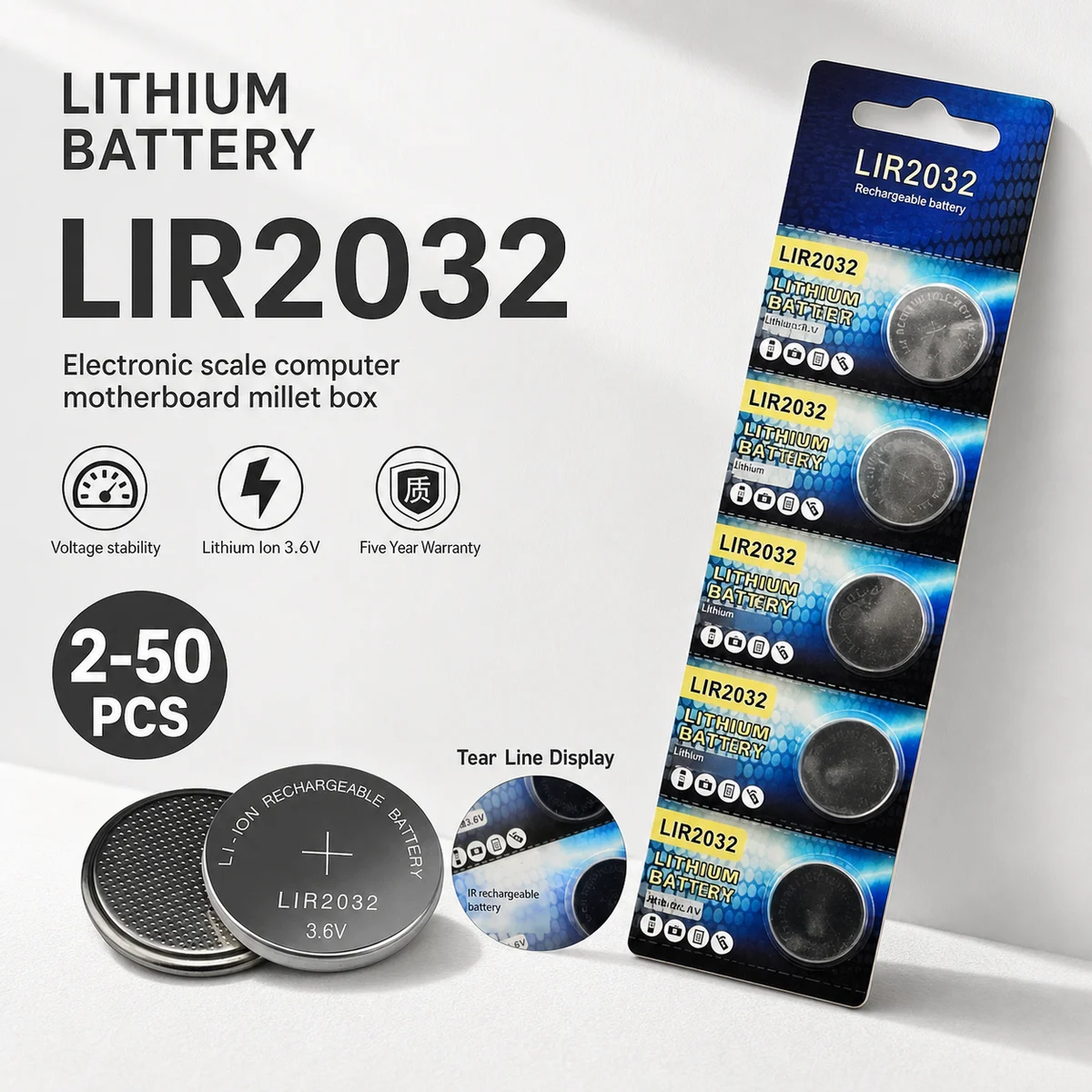 Rechargeable LIR2032 Coin Cell Battery 3.6V 40mAh Can Replace CR2032 For Watch Calculator Key Fob Button Cell
