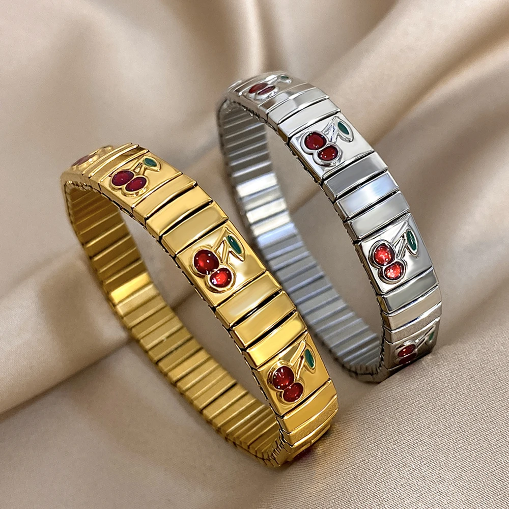 Stainless Steel Elastic Bracelet Bangle for Women Men Red Enamel Strawberry Cherry Bracelet Classic Watch Chain Golden Jewelry