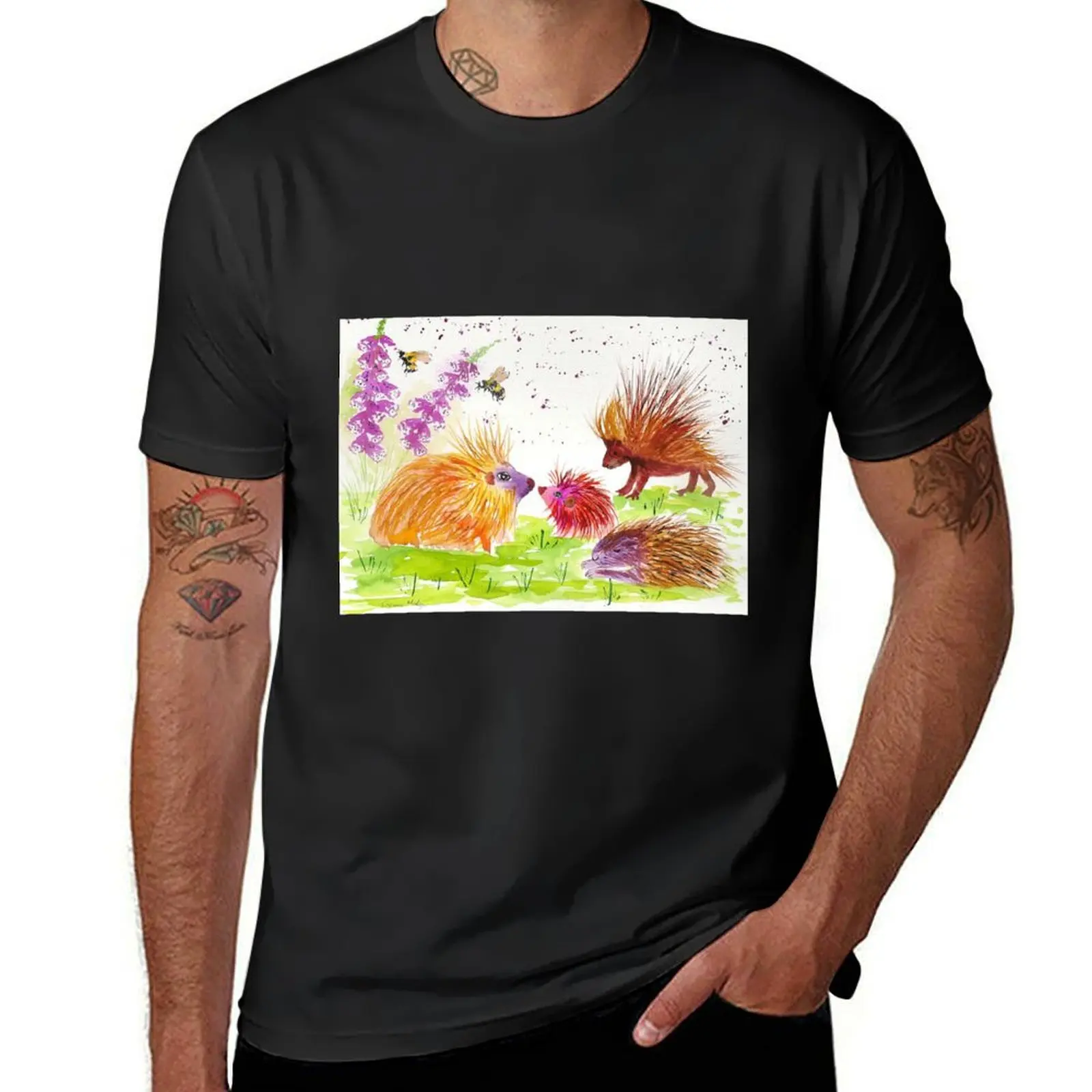 

Colorful Porcupines among flowers T-Shirt Short sleeve tee baggy shirts plus size tops kawaii clothes mens plain t shirts