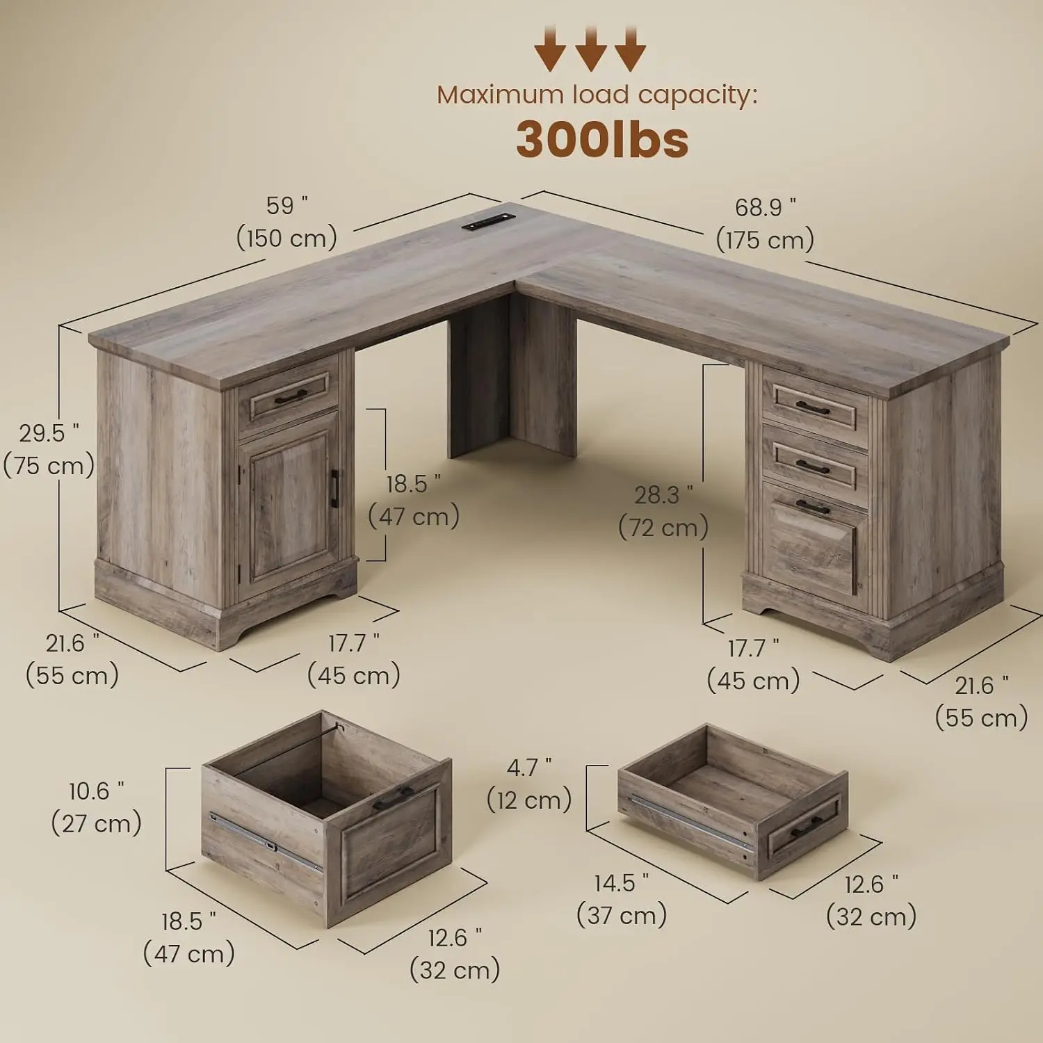 L Shaped Executive Desk With Drawers Storage Cabinet File Drawer Power Outlet Corner Workstation Office Home Grey, Customized