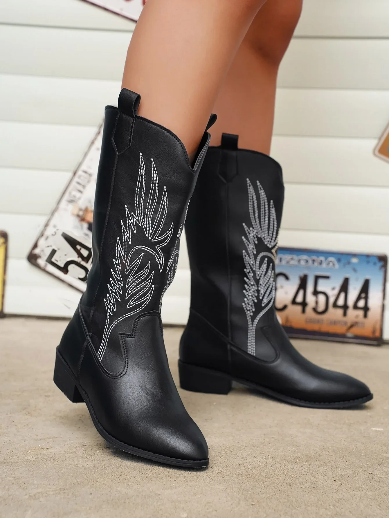 Goldene Halbhohe Stiefel für Damen Silberne Spitze Western Cowboy Stiefel Retro Mode Schwarze Stiefel Übergrößen 36-43 Damenstiefel – Detail 2