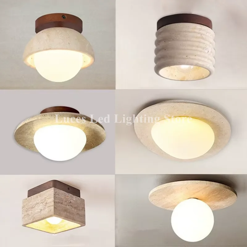 Moderne plafondlamp uit het midden van de eeuw, klein inbouwlicht, natuurlijk gele travertijnlamp, woonkamer, hal, plafondlampen