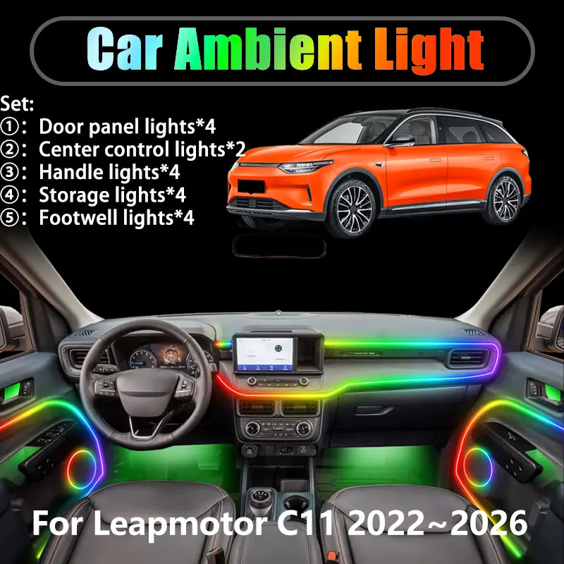 

Для Leapmotor C11 2022 ~ 2026 2023 SUV 2/18 в 1 Автомобильное окружающее освещение Светодиодные внутренние светодиодные фонари багажника USB RGB Ensemble Streamer Auto