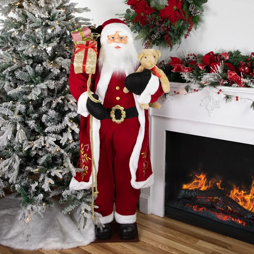 Traditional Santa Claus with Teddy Bear and Gift Bag Standing Christmas Figure