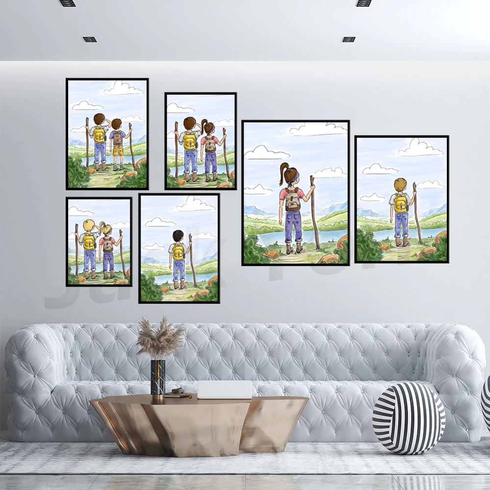 Boy and Girl Hiking - Brothers Hiking Print  -  Outside in Nature Drawing - Gift for Hiker - Mountain Climbing Art