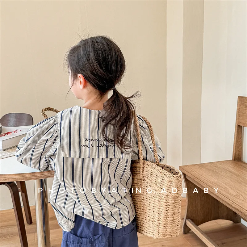 

2024 Spring New Baby Girl Cotton Loose Lapel Shirts Long Sleeve Toddler Letter Embroidery Tops Children Striped Casual Blouses