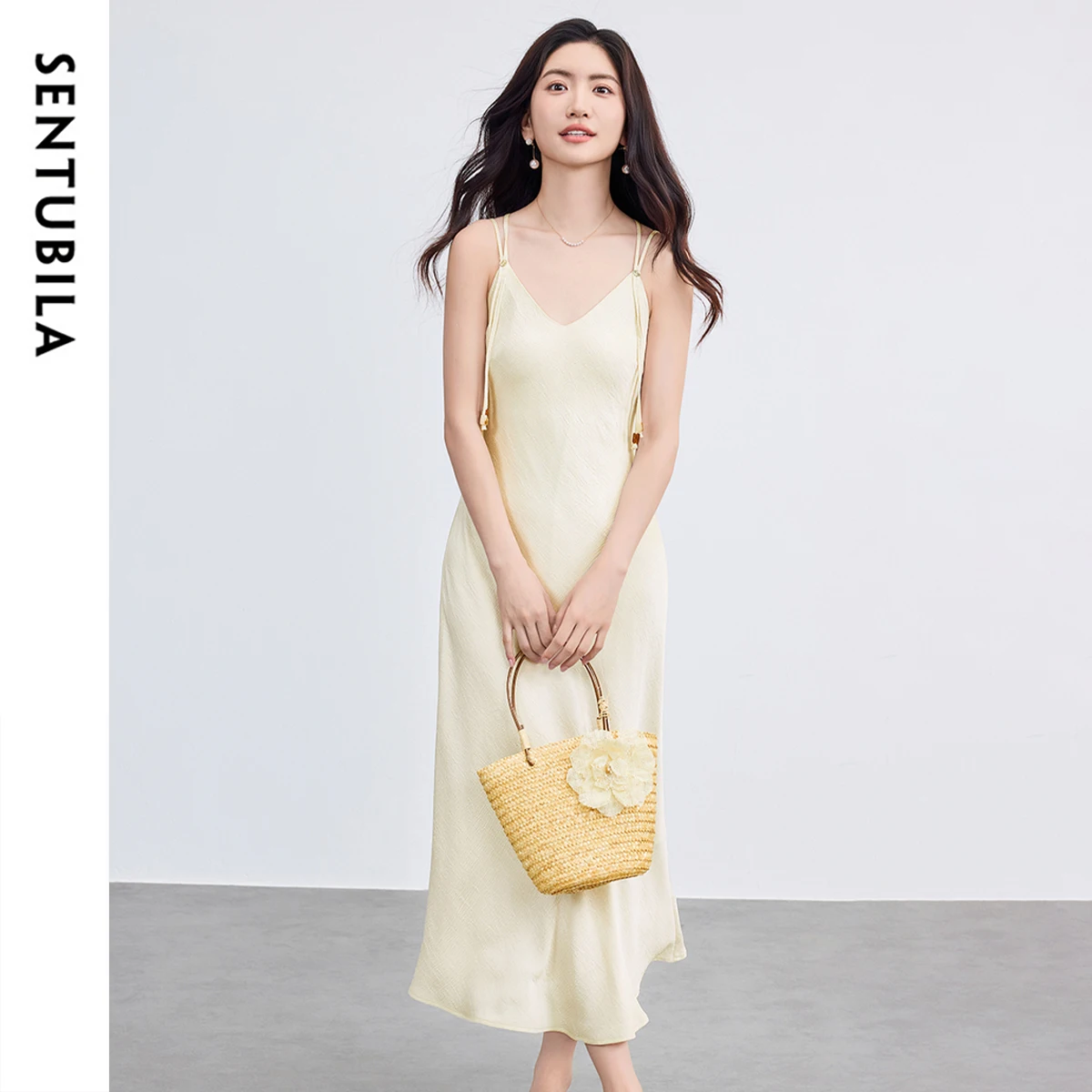 

SENTUBILA Summer Pleated Satin Dress Woman 2025 Collection Elegant Women's Beaded Bandage Slip Dresses Female Clothing Q52LD1954