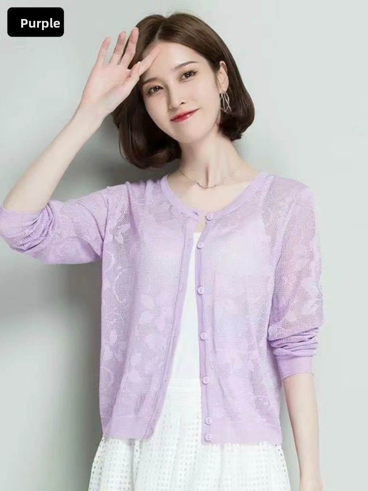 아이스 실크 니트 오픈 가디건 여성용 얇은 또는 속이 비치는 아우터웨어 긴 소매 에어컨용 봄 여름 라운드...