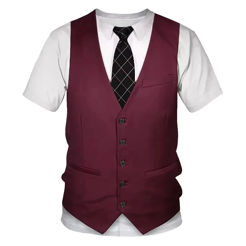 3D Printed Fashionable Fake Suit T-shirt Tie Pattern Top Mass Short Sleeved Round Neck Leisure T-shirt Family Matching Clothing