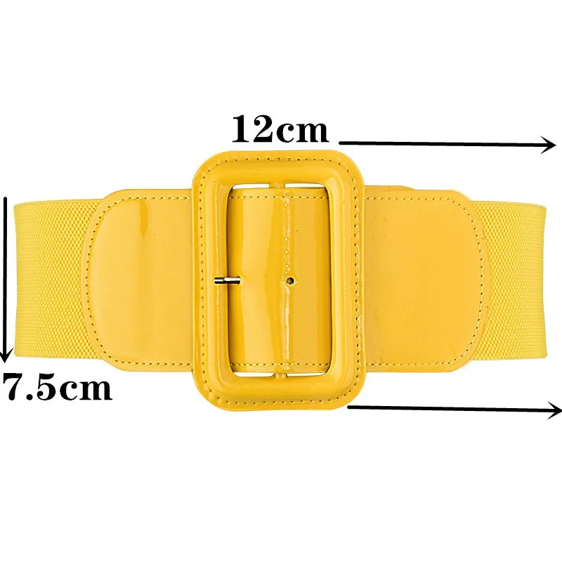 Neues Design, breit, 7,5 cm, Taillenabdeckung, Damen, Blau, Orange, Gürtel, enger Pullover, Mantel, Kleid, Stretch, gelbes Metall, quadratische Schnalle, elastisch – Detail 1