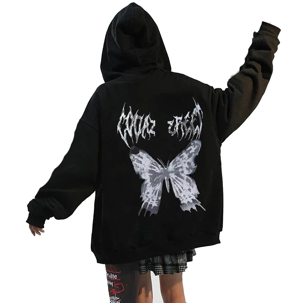 Women Vintage Butterfly Print Hoodies Autumn Winter Zip Up Long Sleeve Pocket Loose Sweatshirt Y2K Female Gothic Streetwear