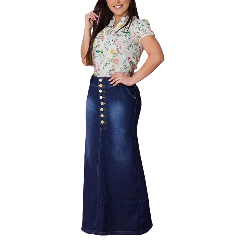 Fashinable Long Jean Skirt - Comfortable Fit Flattering High Quality Material Flattering Design Button Washed Denim