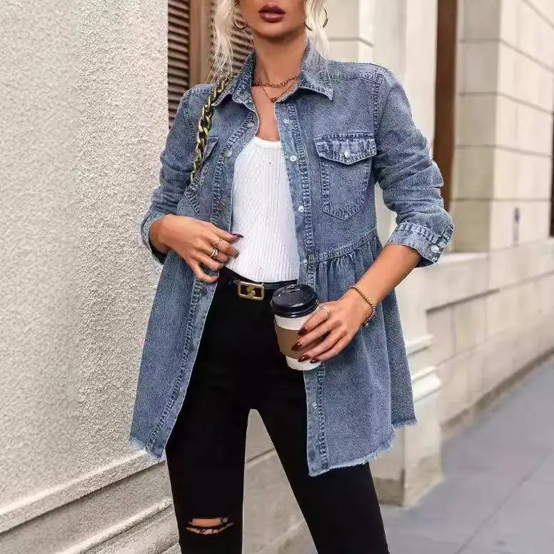 

Waed Long Sve Denim irt Women's Loose Fit Outerwear with Frayed Hem Spring Autumn New Sle Independent Station